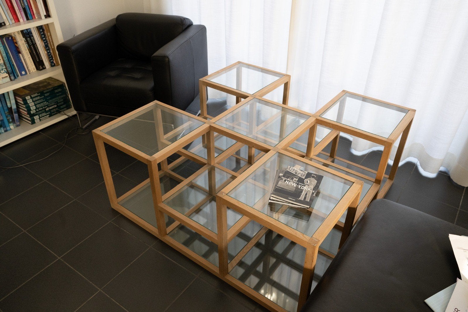 Flament Salontafel in hout en glas (120 x 120cm), Ophalen, 50 – 75, Gebruikt, Vierkant
