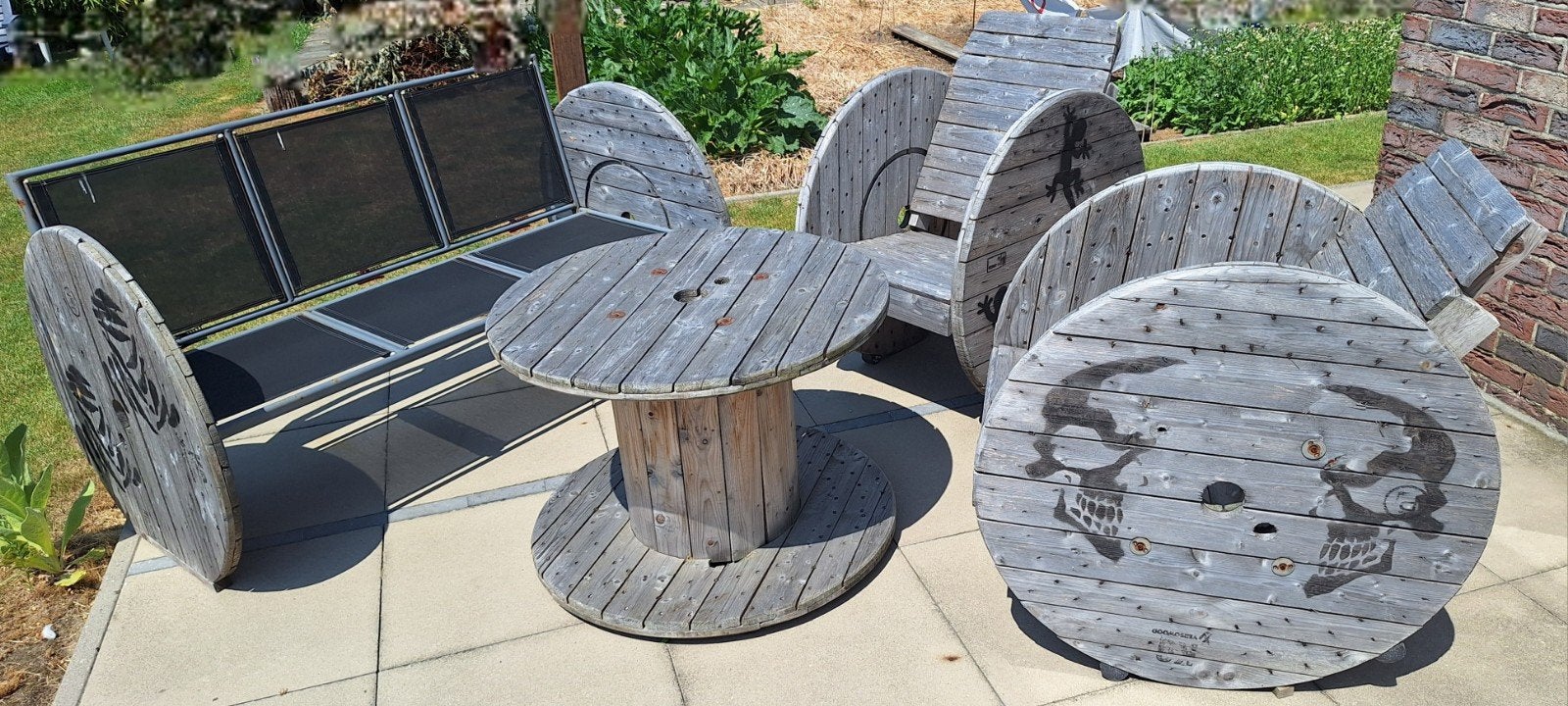 Tuinmeubilair houten spoelen, Tuin en Terras, Tuinsets en Loungesets, Ophalen, 5 zitplaatsen, Gebruikt, Tuinset