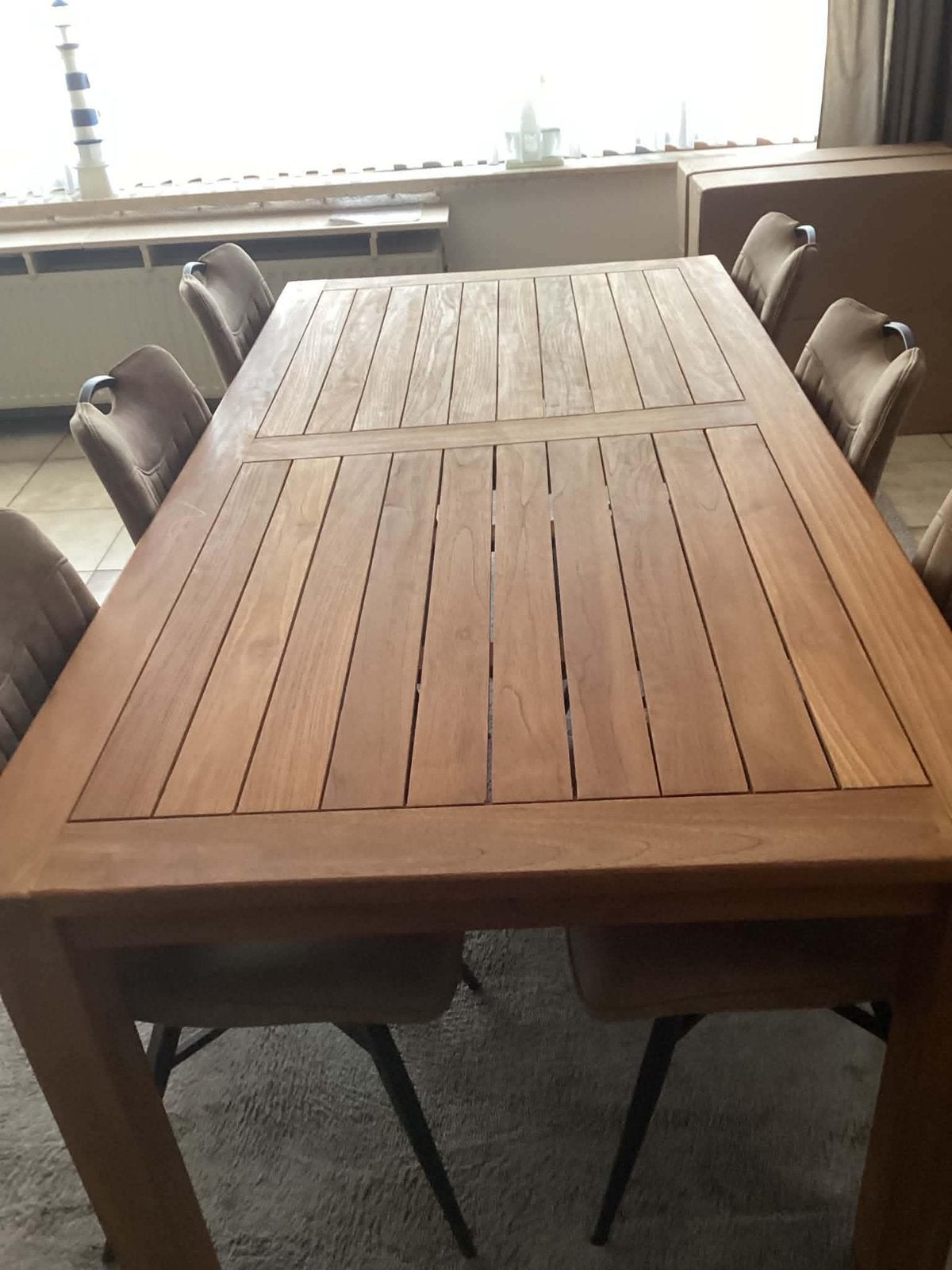 Houten buitentafel in nieuwstaat 1 meter op 2 meter, Ophalen, Zo goed als nieuw