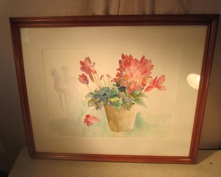 Aquarelle peinte « Fleurs dans un seau » - Hellemans, Enlèvement ou Envoi, Aquarelle, Encadré, Papier