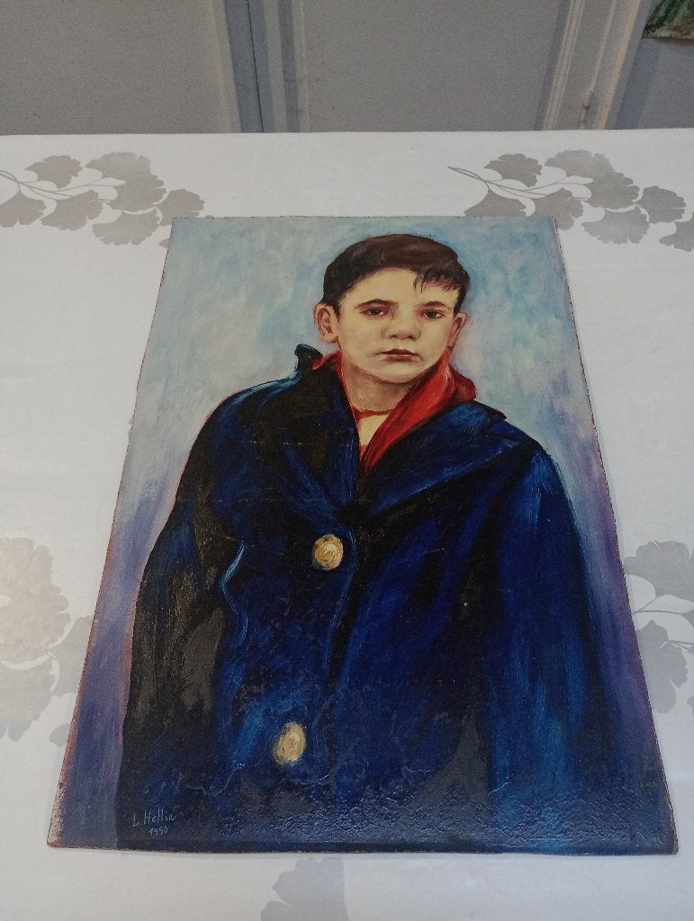 Tableau Portrait Garçon - Huile Ludy Hellin 1990,40x60,n695, Enlèvement ou Envoi, Classique, Peinture à l'huile, Panneau