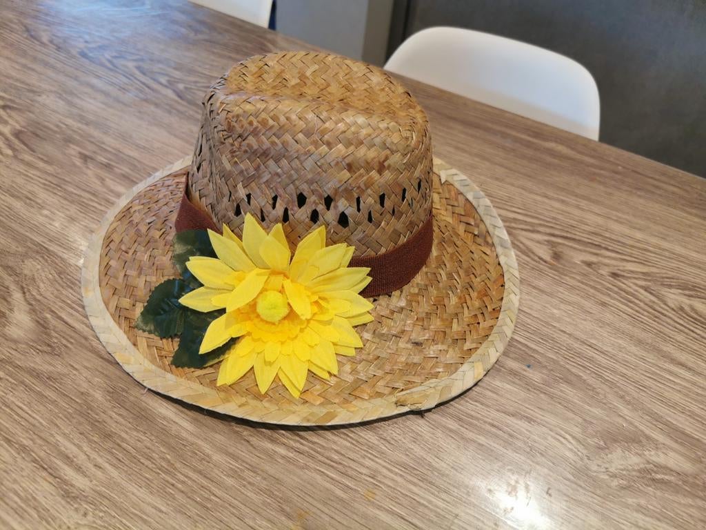Gevlochten hoed met bloem, ideaal als verkleedkledij, Ophalen, Nieuw, Hoed