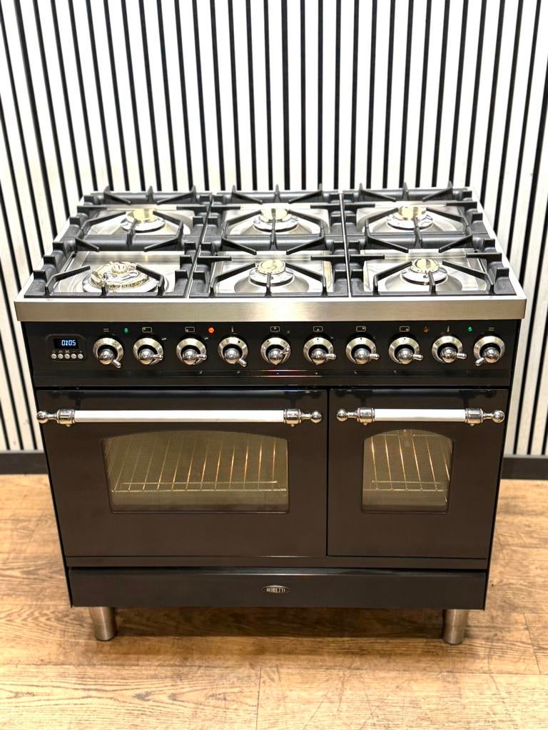 Luxe Boretti Fornuis 6 pits antraciet dubbele oven 90 cm, Elektronische apparatuur, Hete lucht, 60 cm of meer, Ophalen of Verzenden