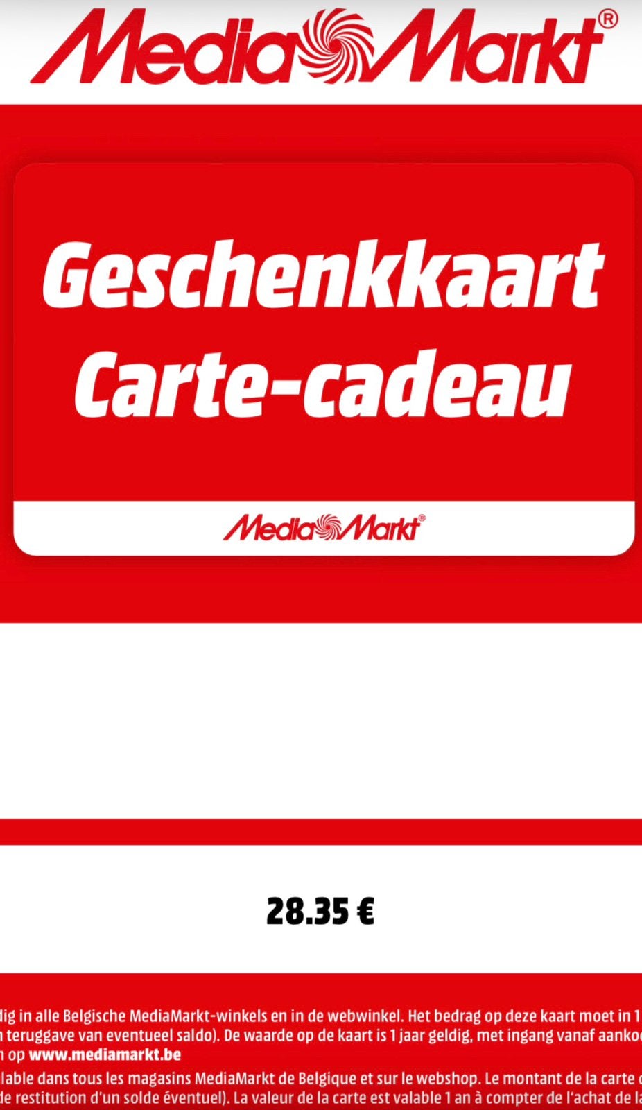 Media Markt cadeaukaart 28€, Tickets en Kaartjes, Kortingen en Cadeaubonnen