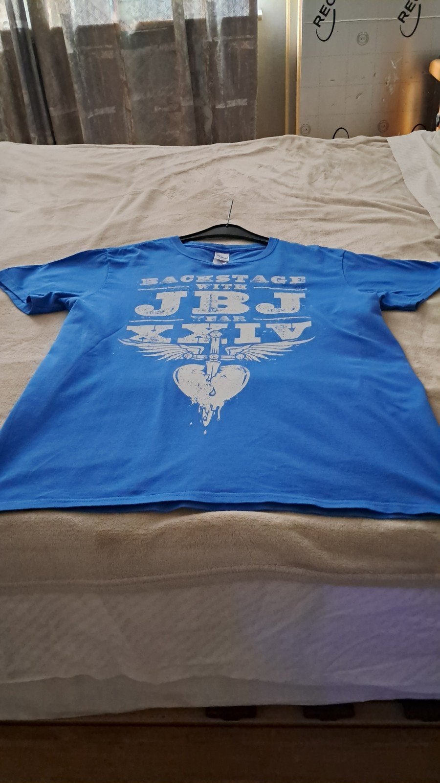 Blauw heren t-shirt 'John Bon Jovi' maat L, Maat 52/54 (L), Blauw, Ophalen of Verzenden, Zo goed als nieuw