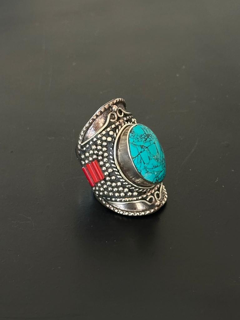Bague en argent tibétain + turquoise / corail rouge, Ophalen, 19 tot 20, Nieuw, Dame of Heer