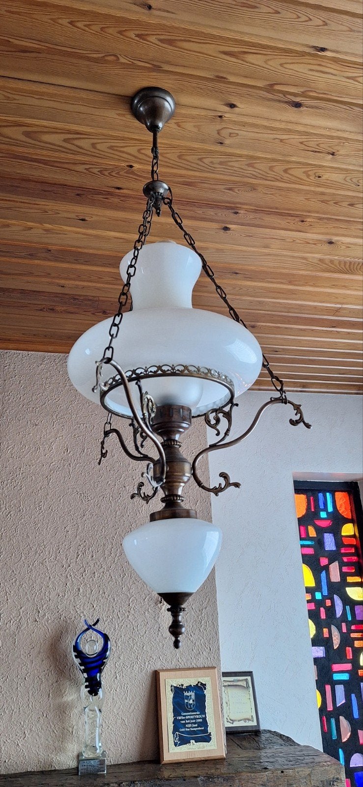 Antieke bronzen luster, Ophalen, Gebruikt, Glas, E27 (groot)