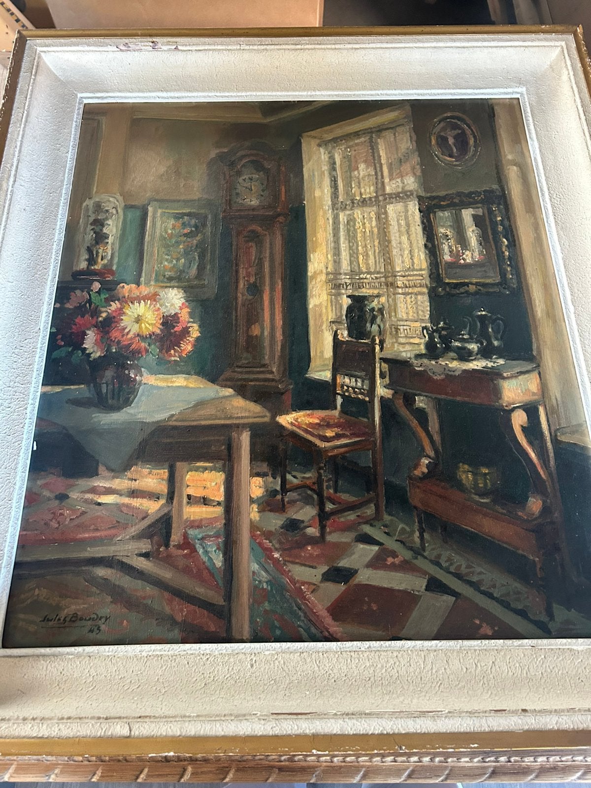 Jules Boudry(1880–1937) Interieur met bloemen en klok (1943), Antiquités & Art, Art | Peinture | Classique, Enlèvement ou Envoi