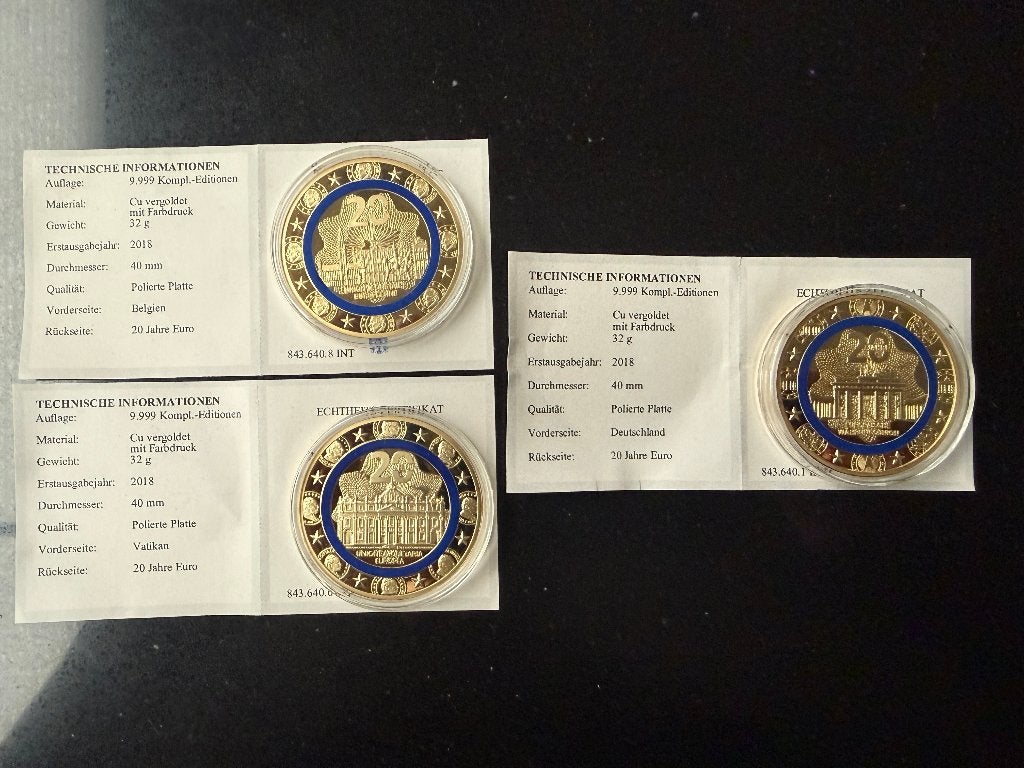 Ensemble de 3 pièces commémoratives 20 ans de couleur PROOF, Enlèvement ou Envoi, Belgique