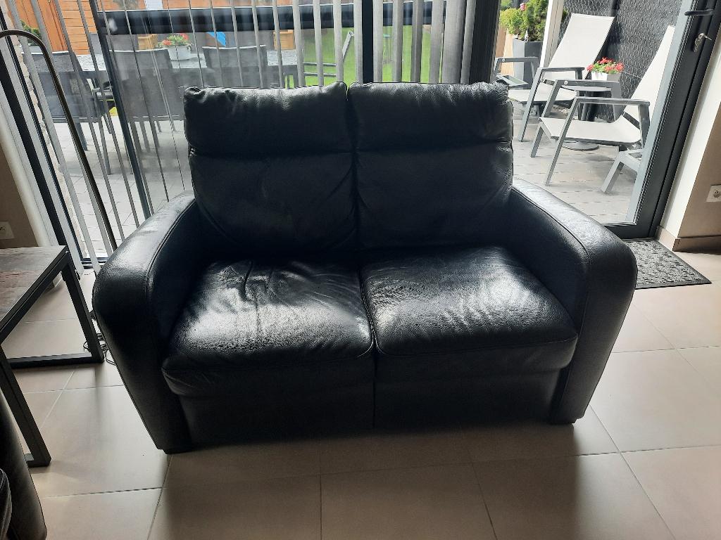 Zwarte leren zetel 2 zit en 3 zit, Huis en Inrichting, Ophalen, Gebruikt, 150 tot 200 cm, Driepersoons