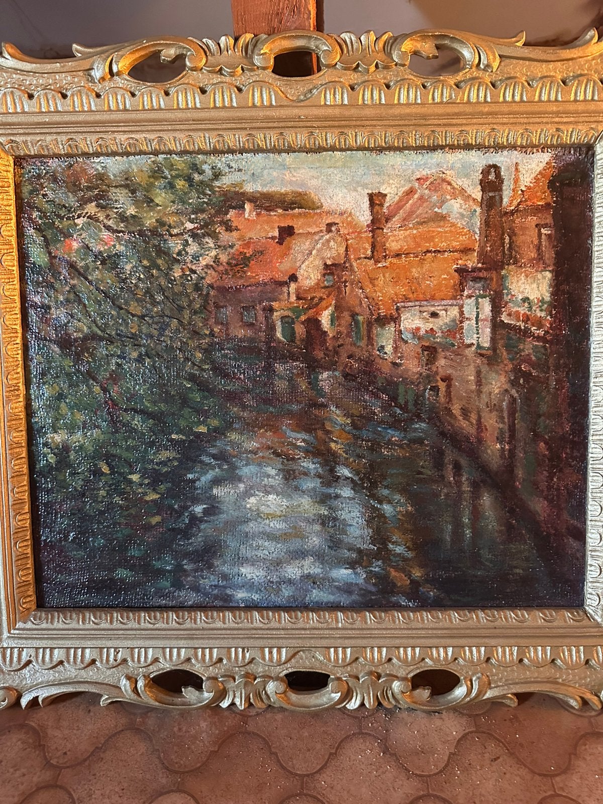Olieverfschilderij met stadsgezicht en kanaal, Ophalen