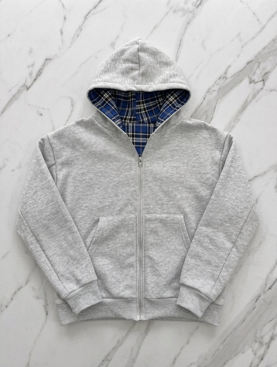 Grijze hoodie met ritssluiting en blauwe tartan voering, Kleding | Heren, Truien en Vesten, Ophalen of Verzenden, Nieuw, Blauw
