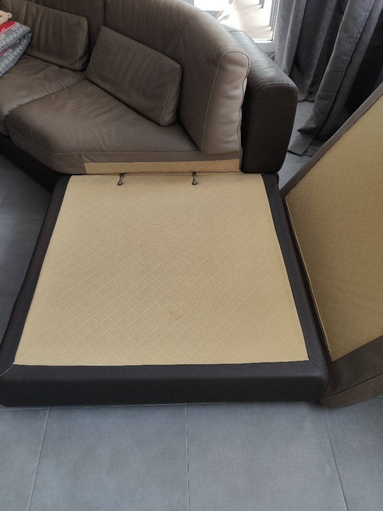 Grand canapé d'angle en cuir taupe / beige avec méridienne, Maison & Meubles, 100 à 125 cm, 300 cm ou plus, Quatre personnes ou plus