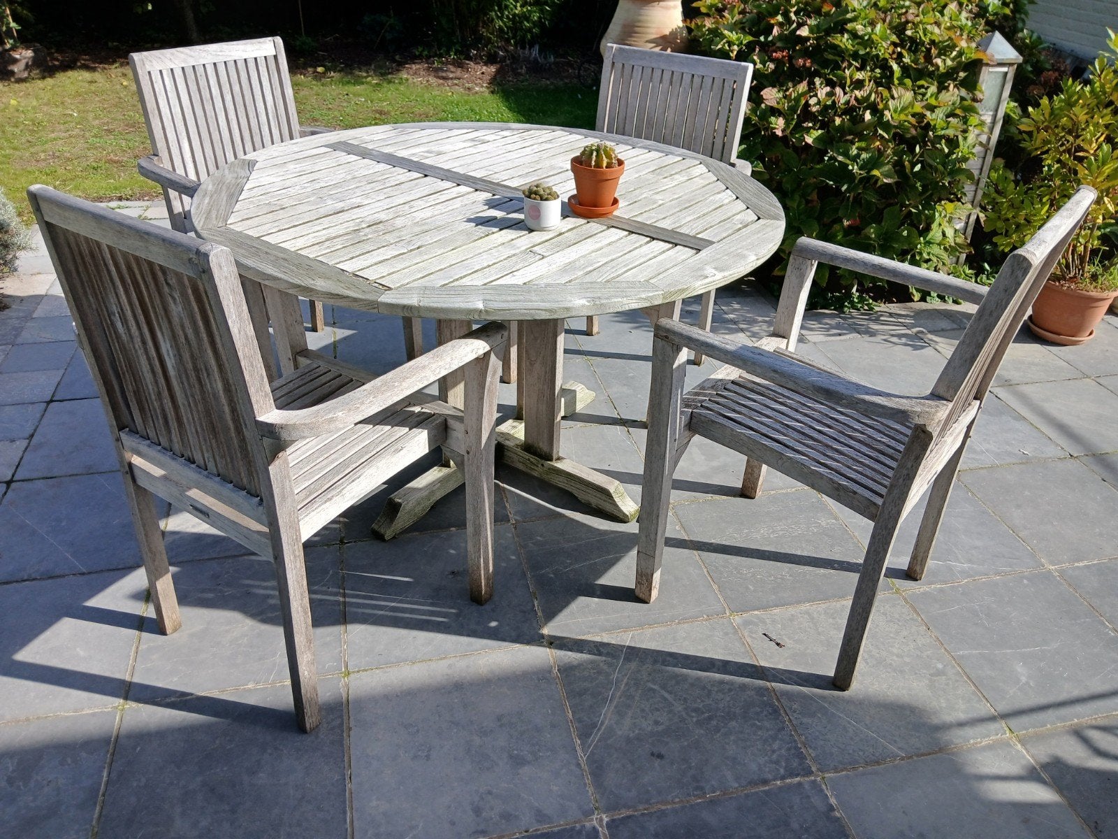 Tuintafel + 4 stoelen in teak, Tuin en Terras, Ophalen, Teakhout, Tuinset