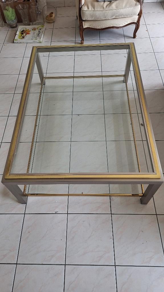 salontafel glas - goudkleurig frame +/- 128x86, Ophalen, Gebruikt, 100 tot 150 cm, 50 tot 100 cm