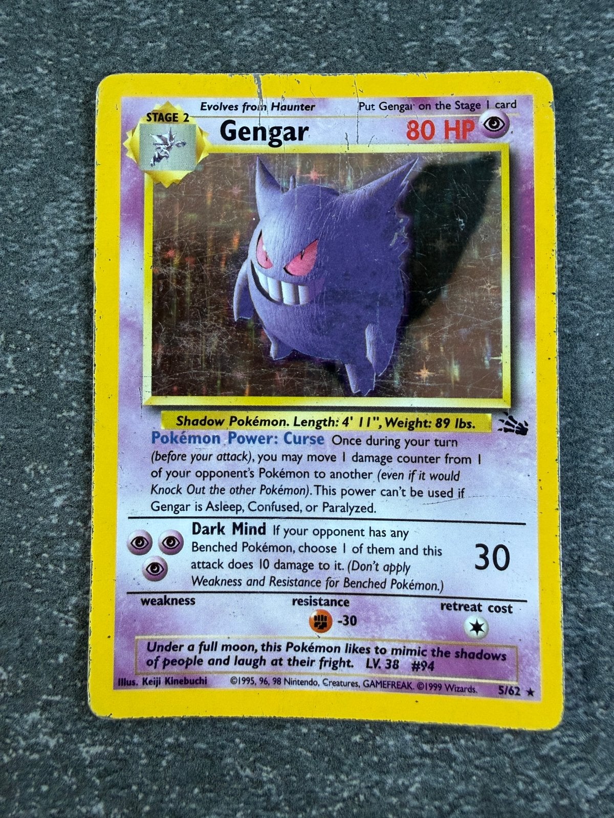 Gengar 5/62 pokémonkaart (1999 Fossil set), Ophalen, Gebruikt