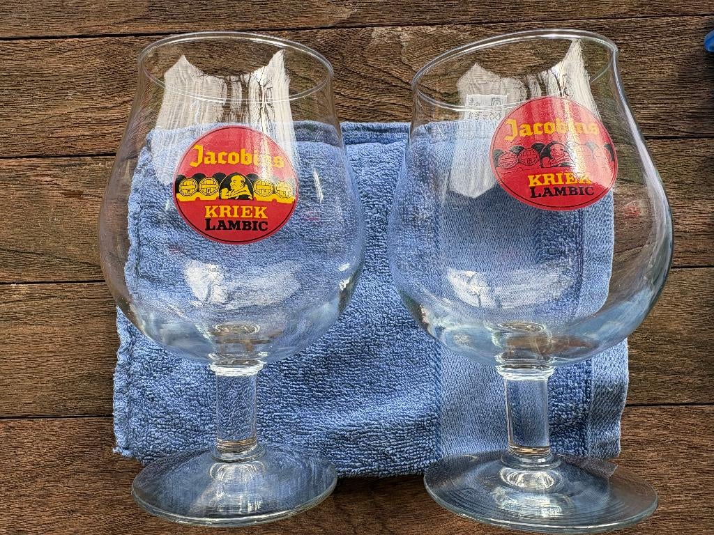 Jacobins Kriek Lambic (2 verschillende glazen), Ophalen of Verzenden, Gebruikt, Glas of Glazen, Overige merken