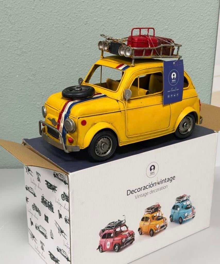 Modèle de voiture rétro Fiat 500 Yellow Vintage Metal XL Car, Enlèvement ou Envoi, Neuf, Voiture