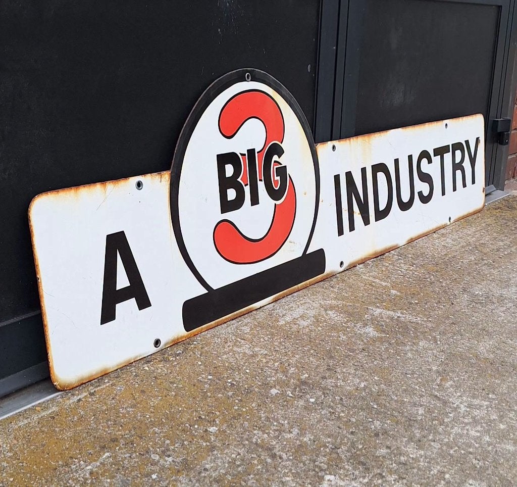 Uniek & antiek emaille bord Big 3 Industry uit Texas Amerika, Ophalen, Gebruikt, Reclamebord