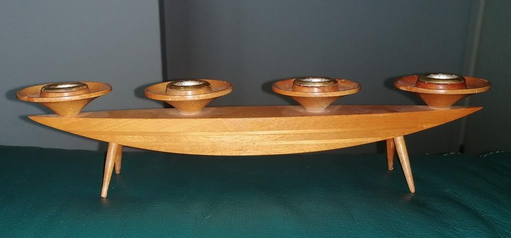 Bougeoir vintage bois de frêne style scandinave années 60-70, Ophalen of Verzenden