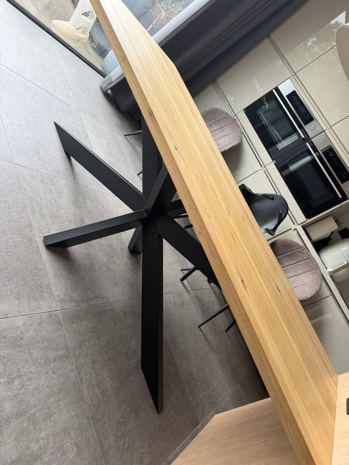 Eiken boomstamtafel met 3D spinpoot 220cm x 100cm, Ophalen, 100 tot 150 cm, Eikenhout, 200 cm of meer
