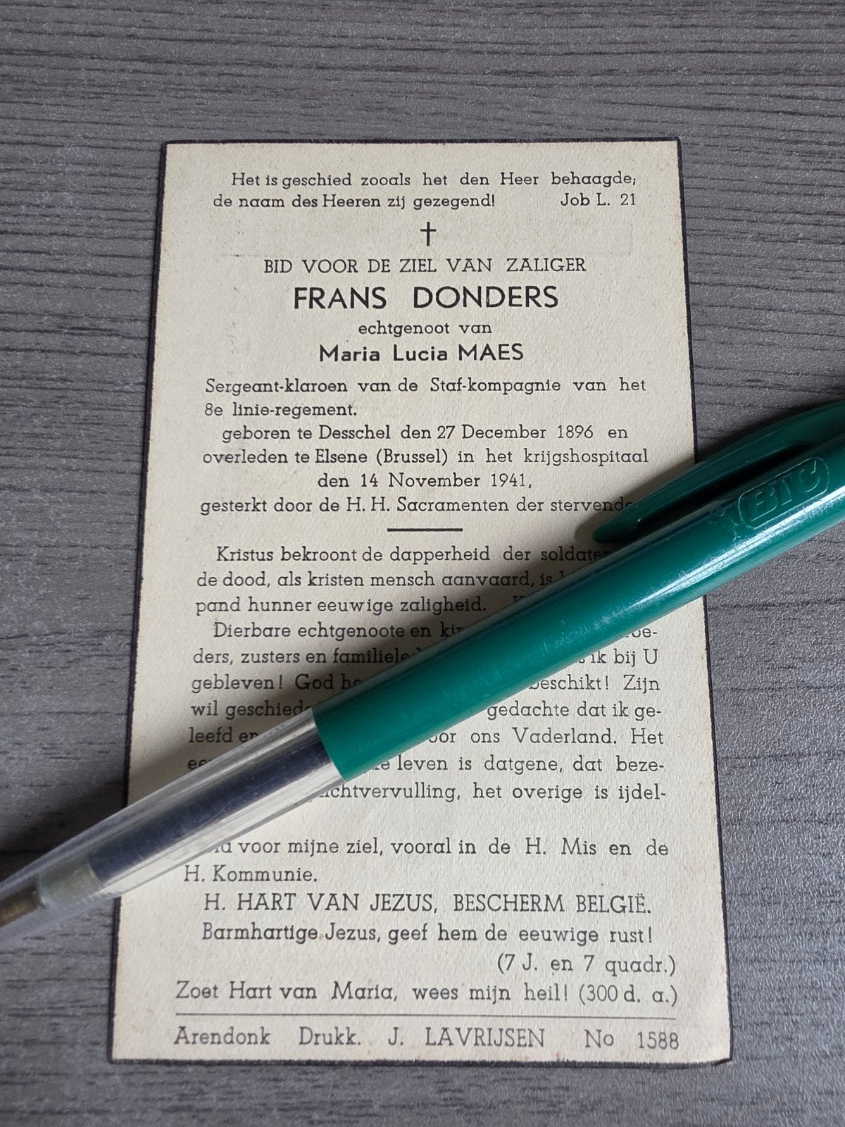 gesneuvelde Sergeant klaroen Donders 8e linieregiment ABBL, Verzamelen, Ophalen of Verzenden