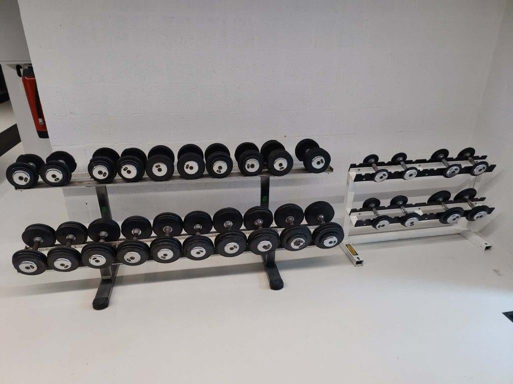Halters/Dumbbells 3-28kg inclusief rekken, Sports & Fitness, Équipement de fitness, Utilisé, Haltère, Bras, Jambes, Pectoraux