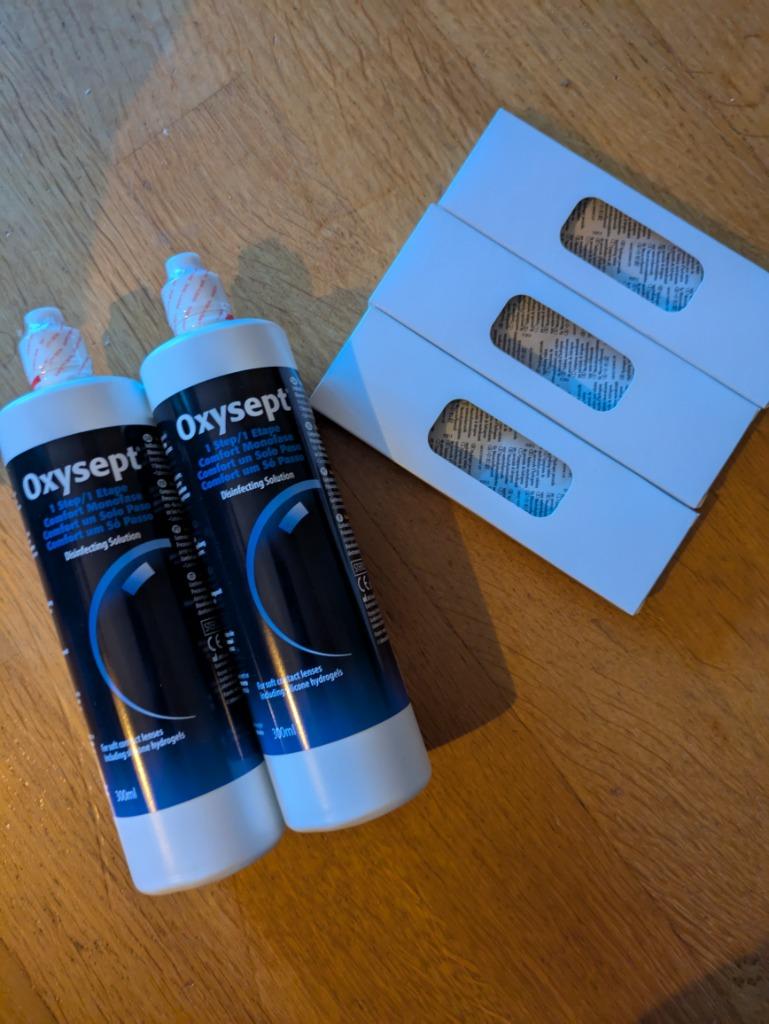 Lenzenvloeistof Oxysept nieuw 2 stuks + tabletten, Ophalen