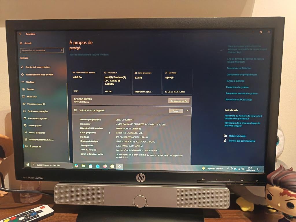 Ordinateur de bureau HP complet tour, écran, clavier, souris, 256 GB, Comme neuf, HP, Intel Pentium