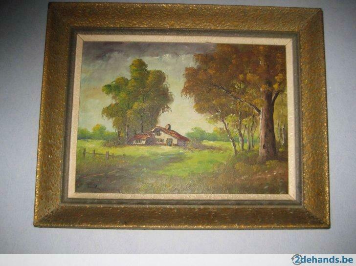 Schilderijtje met hoeve in landschap, Antiek en Kunst, Kunst | Schilderijen | Modern, Ophalen