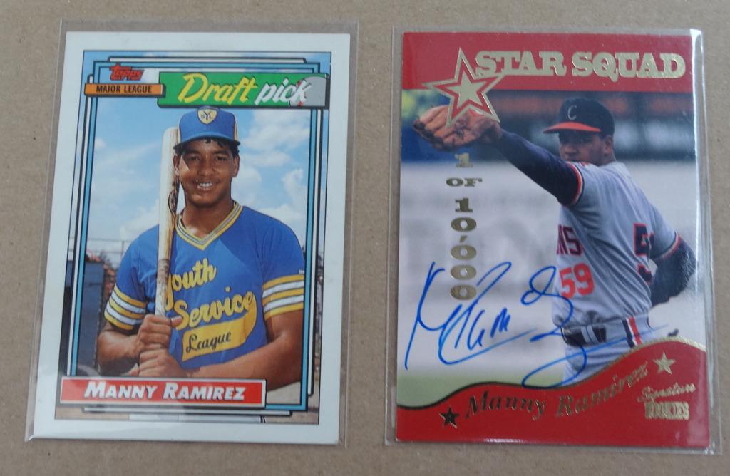 MLB Manny Ramirez '92 Topps RC #155 + SR Ltd. autograph card, Sport en Fitness, Honkbal en Softbal, Verzenden, Zo goed als nieuw