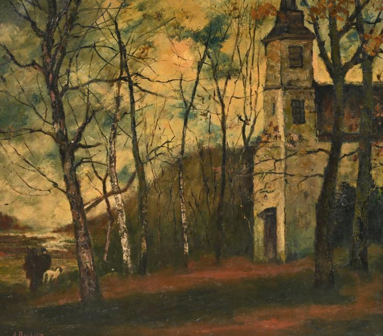 Alfred Bastien (1873-1955): Jagers bij kerk (O/D, 116x106cm), Antiek en Kunst, Kunst | Schilderijen | Klassiek, Ophalen
