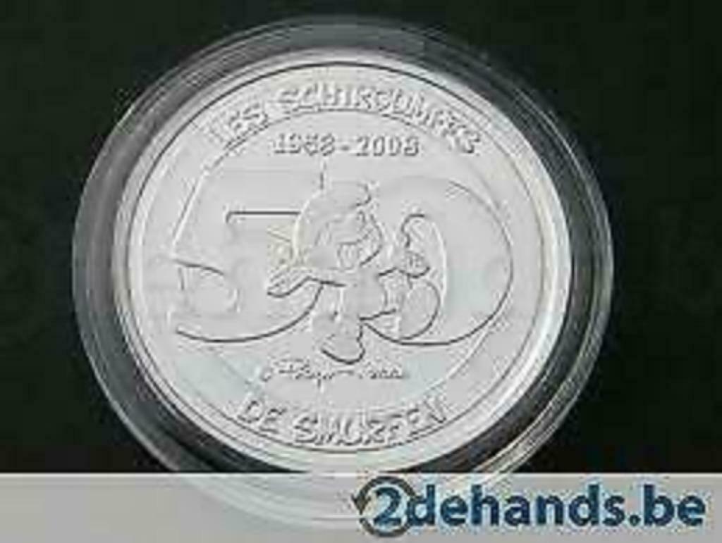 Verzamelmunt 50 jaar smurfen Zilver, nieuw in doosje, Postzegels en Munten, Ophalen of Verzenden, België, 5 euro, Zilver