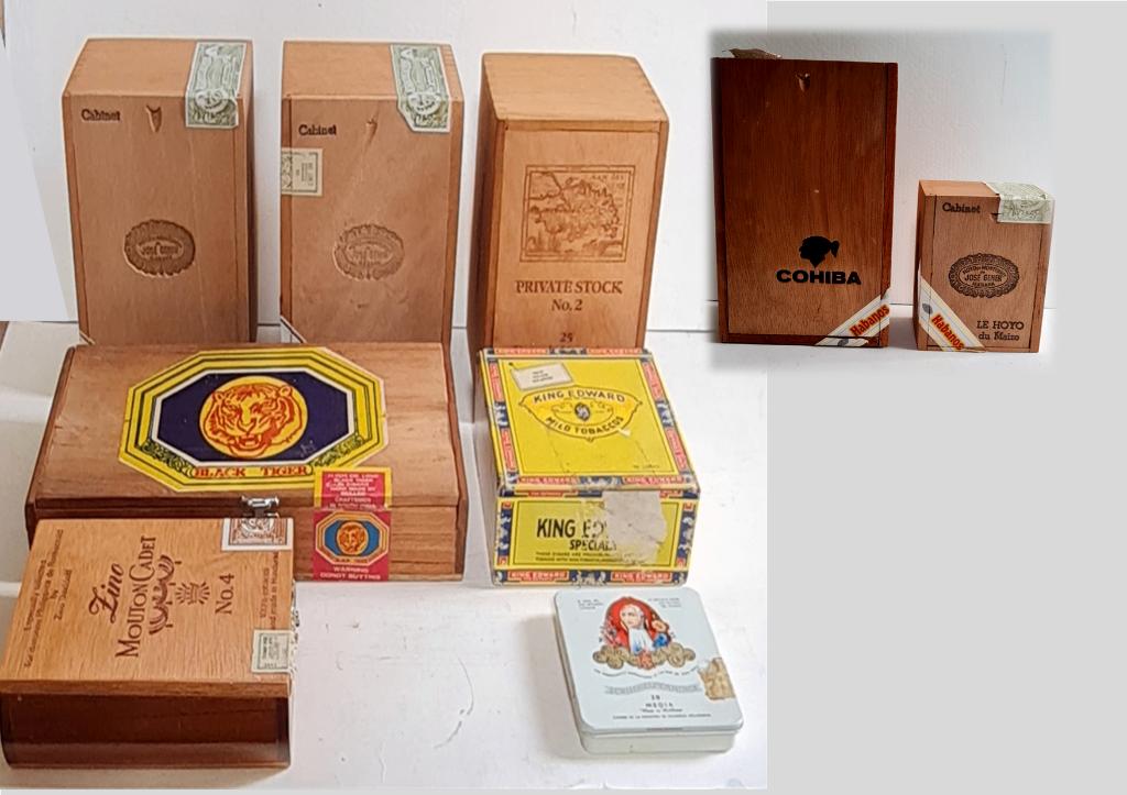 9 Vintage sigarendozen oa King Edward, Black Tiger India, Co, Verzamelen, Ophalen of Verzenden, Gebruikt, Tabaksdoos of Verpakking