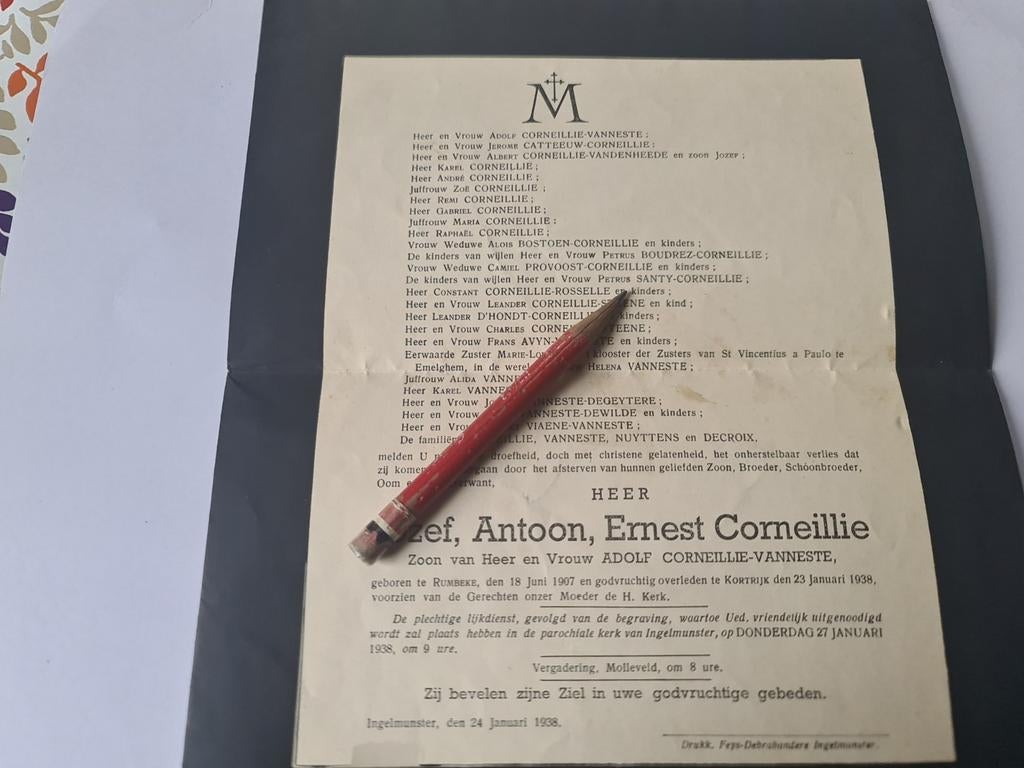 Rouwbrief + bidprentje Jozef  Ernest Corneillie 1907-1938, Verzamelen, Ophalen of Verzenden