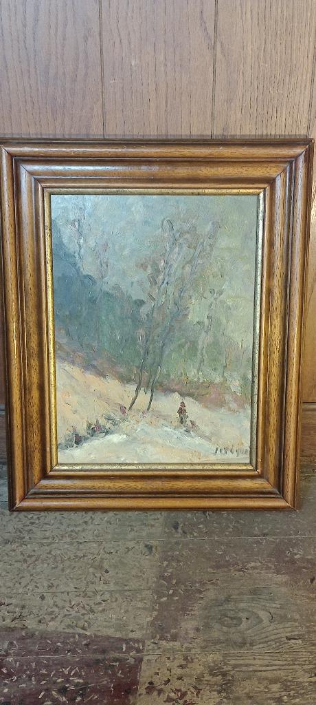 Impressionistisch winterschilderij- J-L Pique,44x54,n64, Paneel, Impressionistisch, Ophalen of Verzenden, Gesigneerd