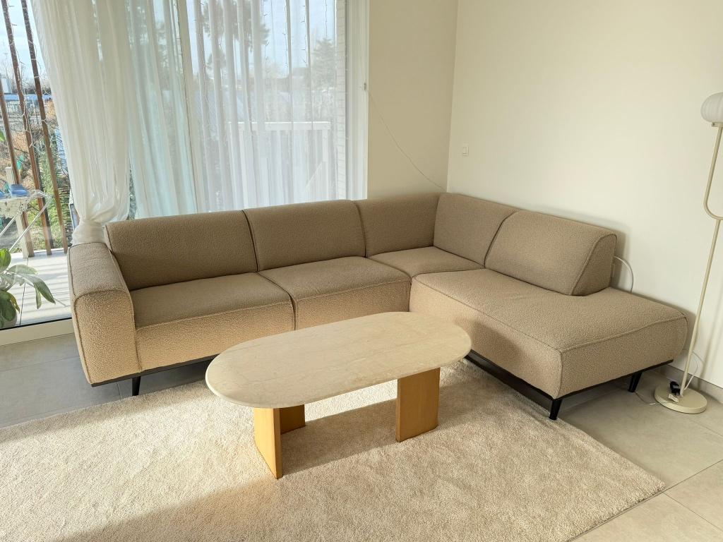 Hoekbank Rechts - Bouclé - Beige, Ophalen, 250 tot 300 cm, Hoekbank, 75 tot 100 cm