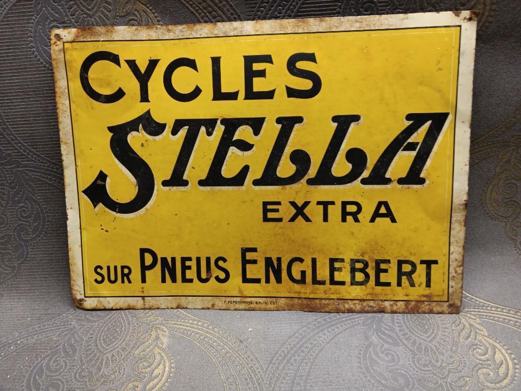 Assiette en tôle Cycles Stella Englebert années 1920, Collections, Enlèvement ou Envoi, Utilisé, Panneau publicitaire