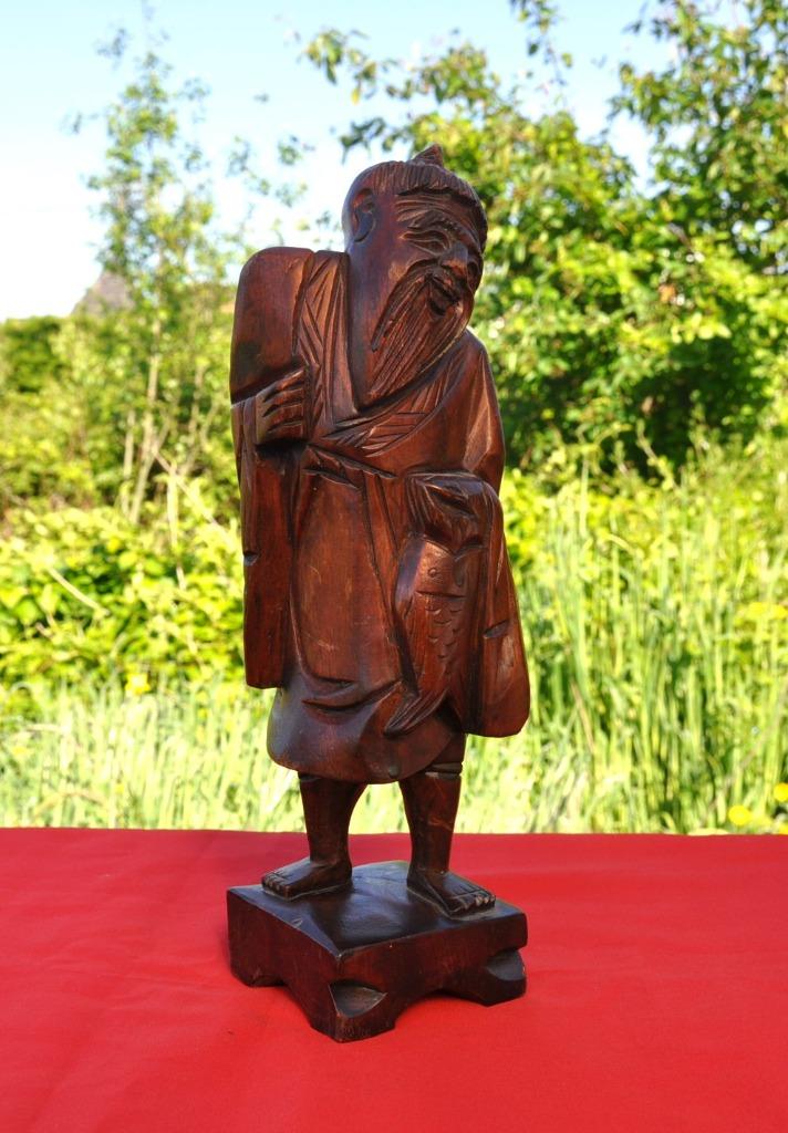 statue asiatique pecheur en bois sculpté, Ophalen of Verzenden