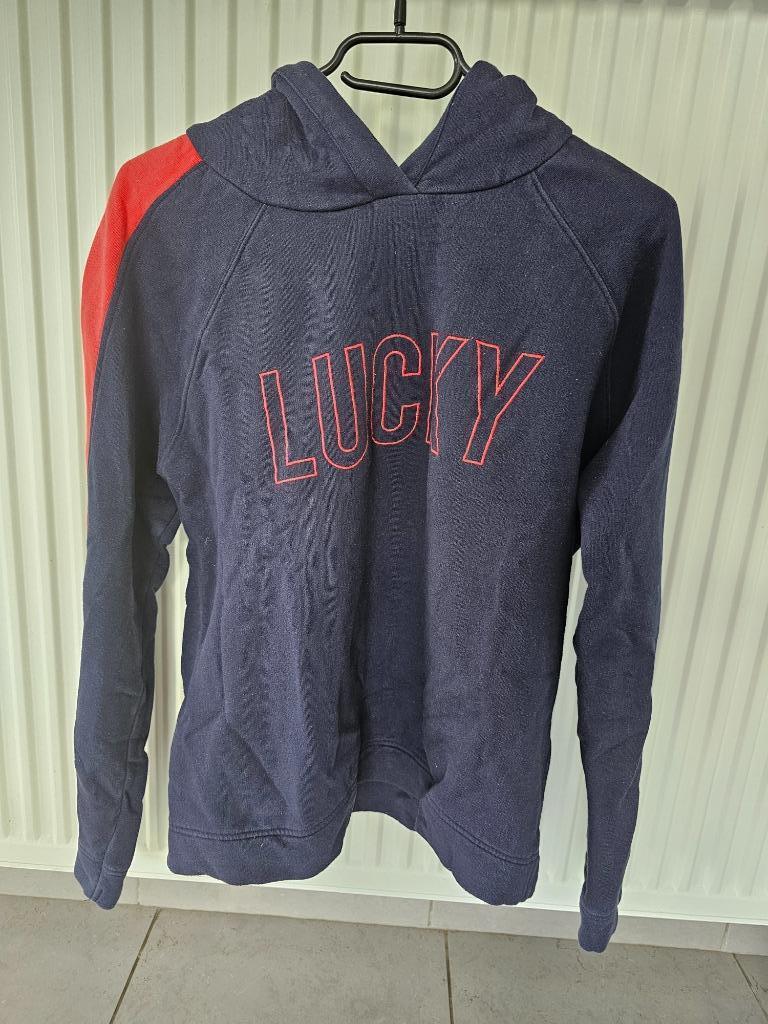 blauwe trui met rode strepen en tekst, Kleding | Dames, Maat 38/40 (M), Ophalen of Verzenden, Zo goed als nieuw, Blauw