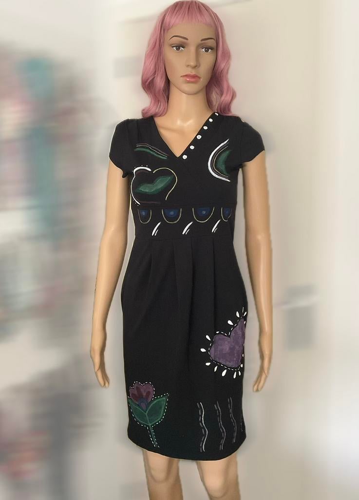 Unieke katoenen little black dress (maat S) met design 🌿, Zwart, Ophalen of Verzenden, Zo goed als nieuw, Maat 36 (S)