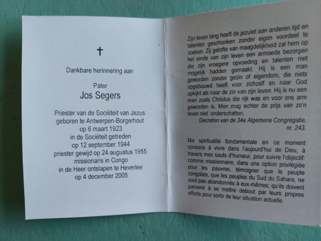 bidprentje pater Jos Segers (1923-2005), Verzamelen, Verzenden, Bidprentje