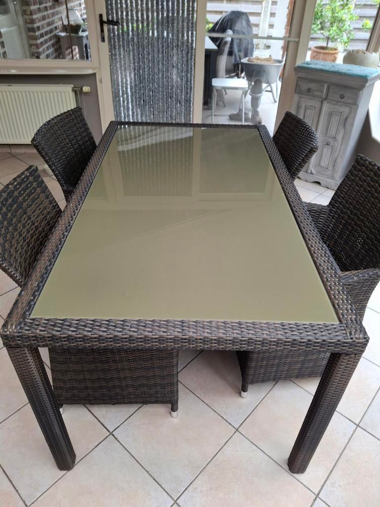 Tafel met 4 stoelen, Huis en Inrichting, Tafels | Eettafels, Ophalen, Zo goed als nieuw, Glas