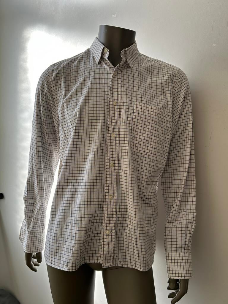 Scabal chemise coton blanc checkered 43/17 ou L, Enlèvement ou Envoi, Comme neuf, Blanc