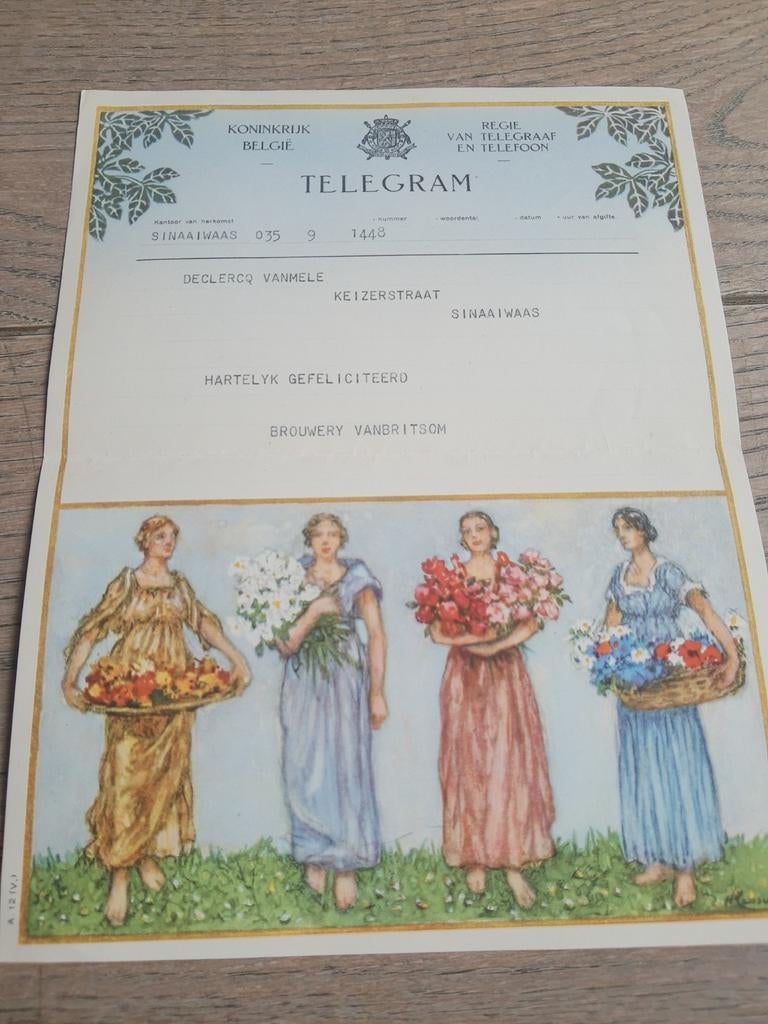 Telegram ancienne brasserie Vanbritsom, St-Niklaas 1932, Enlèvement ou Envoi