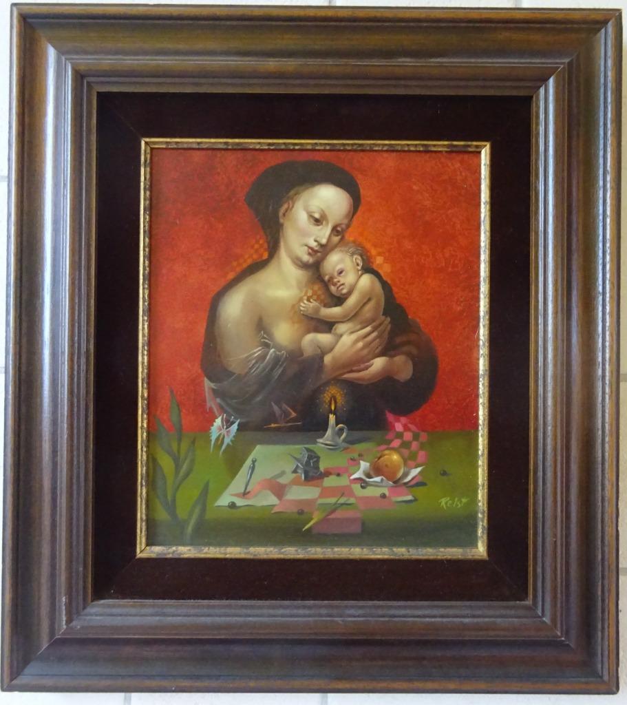 Jean Relst, 30 x 25 cm, Moeder en kind '84, paneel, Ophalen of Verzenden