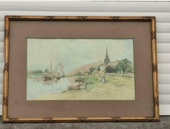 Aquarelle paysage monogramme r m 1910, Antiquités & Art, Enlèvement ou Envoi, Aquarelle, Paysage