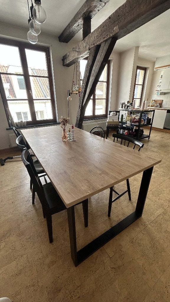 Grote eettafel 200 x 95 cm – industriële stijl, Ophalen, Gebruikt, 50 tot 100 cm, Vijf personen of meer