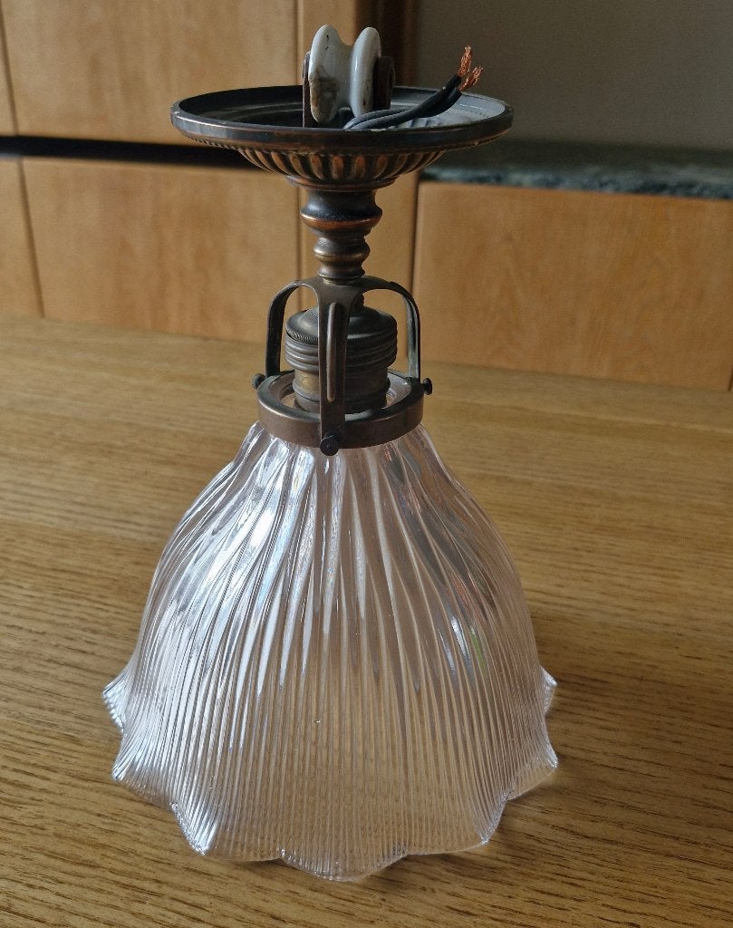 Plafonnier vintage en verre holophane nervuré, Verre, Enlèvement ou Envoi, Vintage, Utilisé