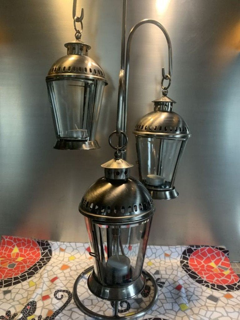 3 lanternes bougoire, suspendu h 64 cm en inox et verre, Comme neuf, Enlèvement, Autres matériaux, 64 cm